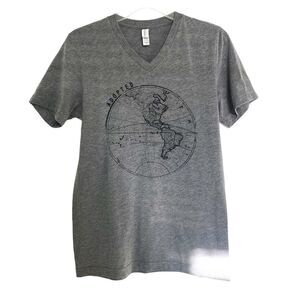 Women's Heather Gray Adopted Graphic World Print V Neck Short Sleeve Shirt Small